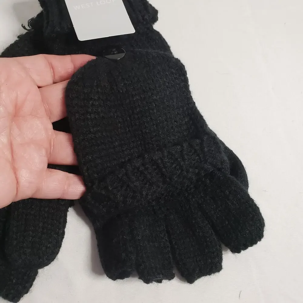 West Loop Women's One Size‎ Fingerless Foldover Gloves Mittens Black Knit Winter